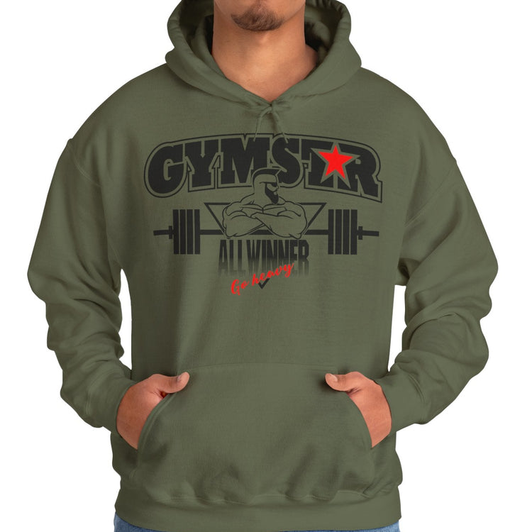 Person wearing a green Gymstar hoodie with a graphic design on a white background