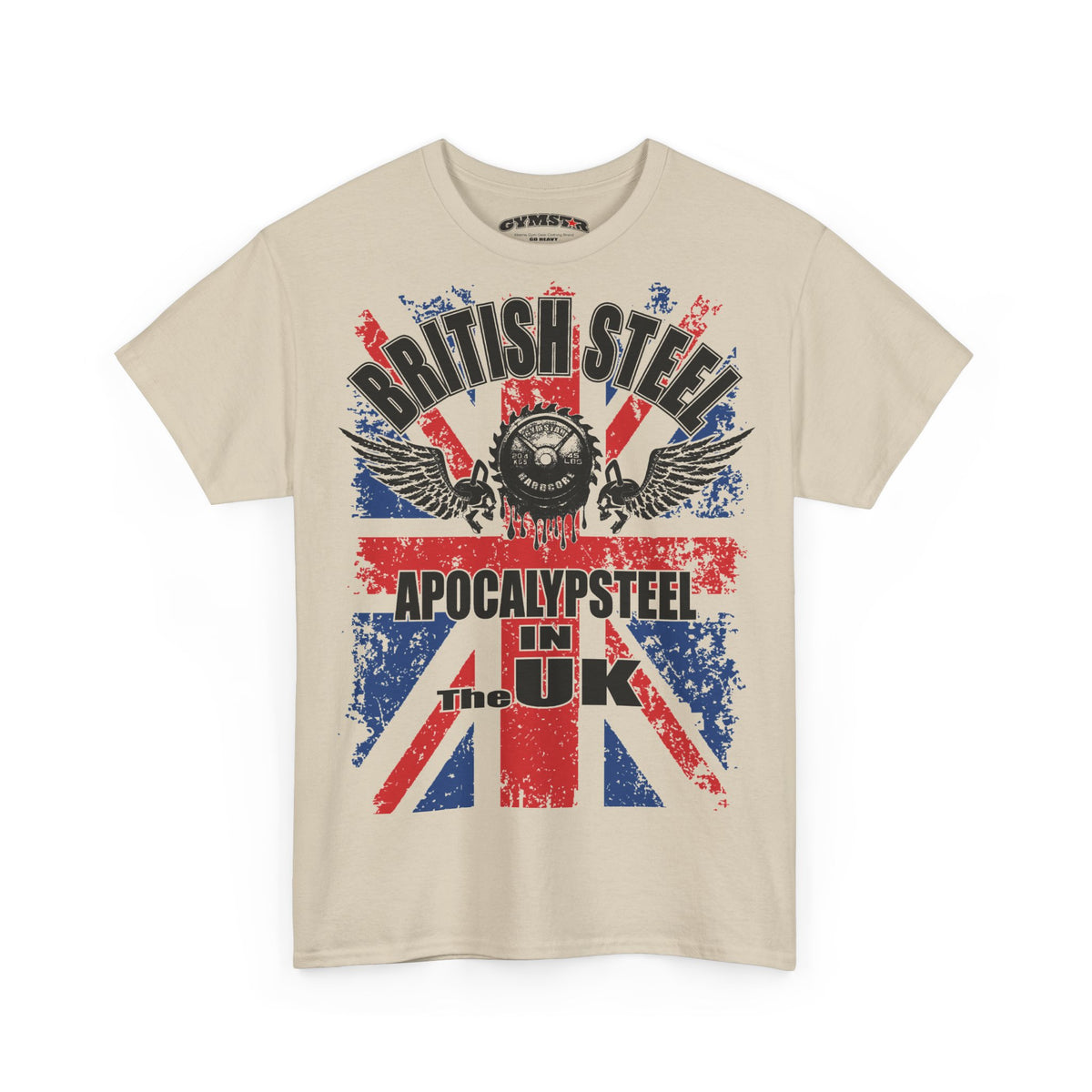 A beige short-sleeve t-shirt with a distressed Union Jack graphic and the text 'BRITISH STEEL' and 'APOCALYPSTEEL IN THE UK' on the front, displayed against a solid white background.