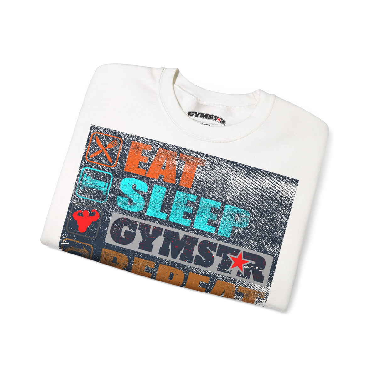 A folded white crewneck sweatshirt with a large distressed graphic on the front. The graphic features the text 'EAT SLEEP GYMSTAR' in orange, teal, and white, along with a red star and other gym-themed icons on a dark textured background.