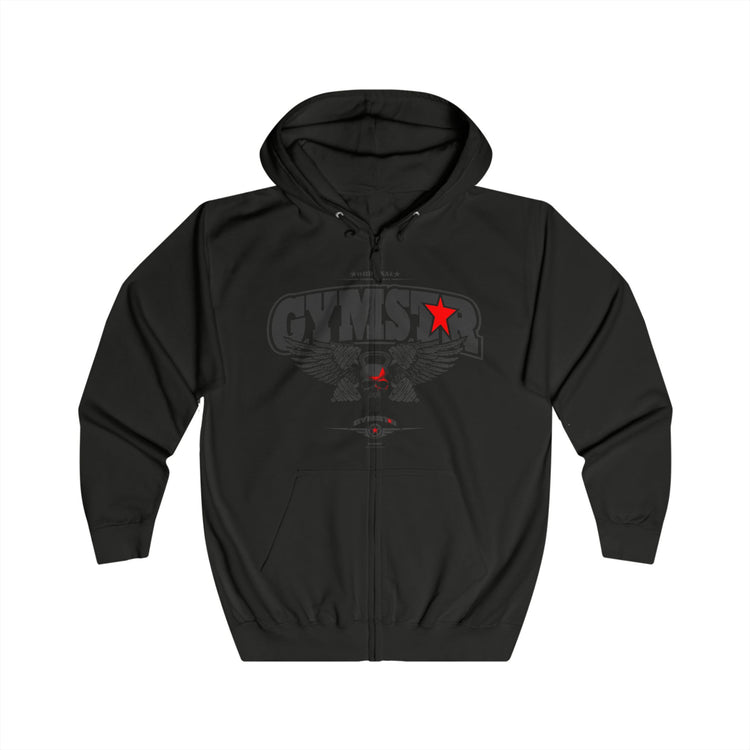 A black hoodie with a red logo on a white background