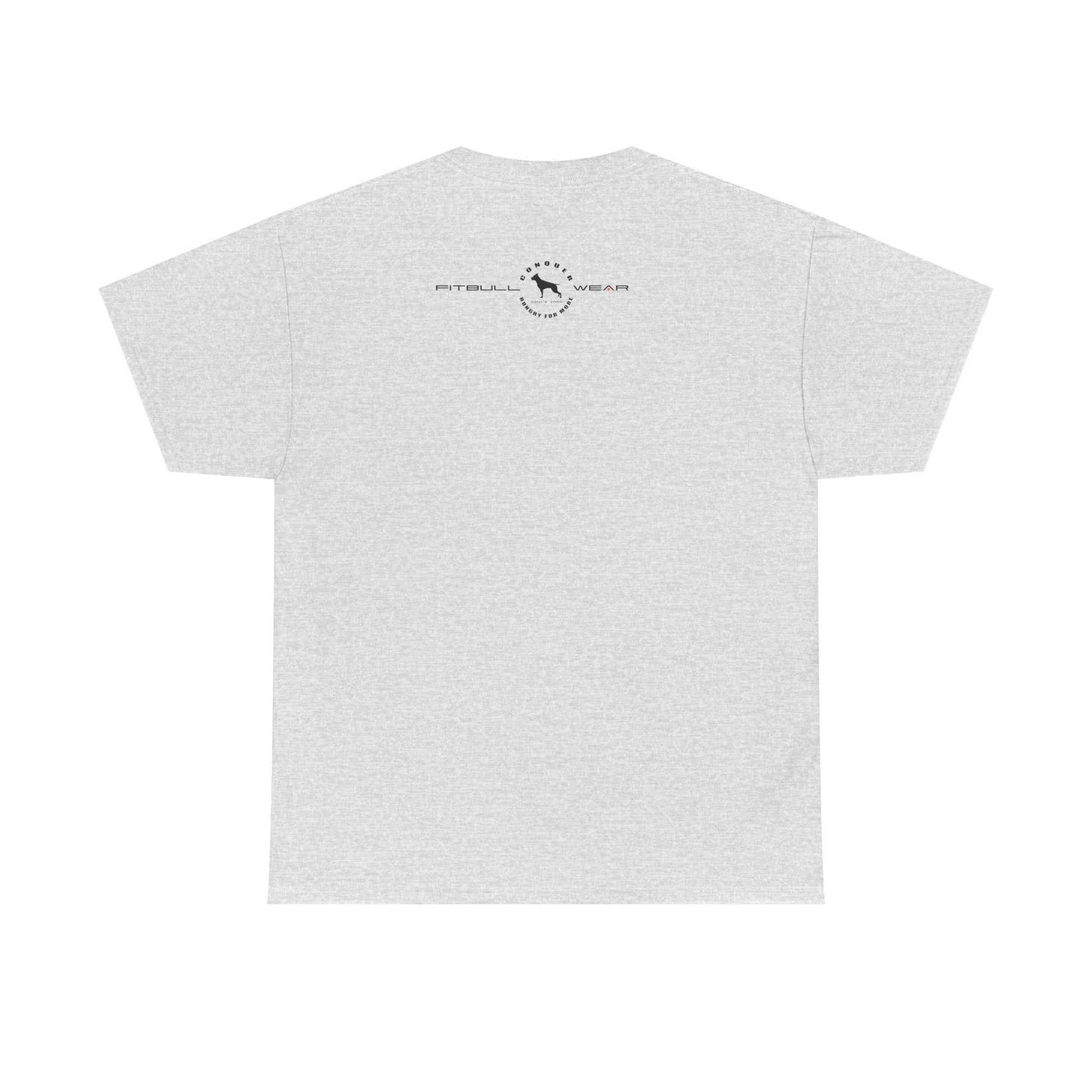 White FITBULL fitness t-shirt with a logo on the back against a white background