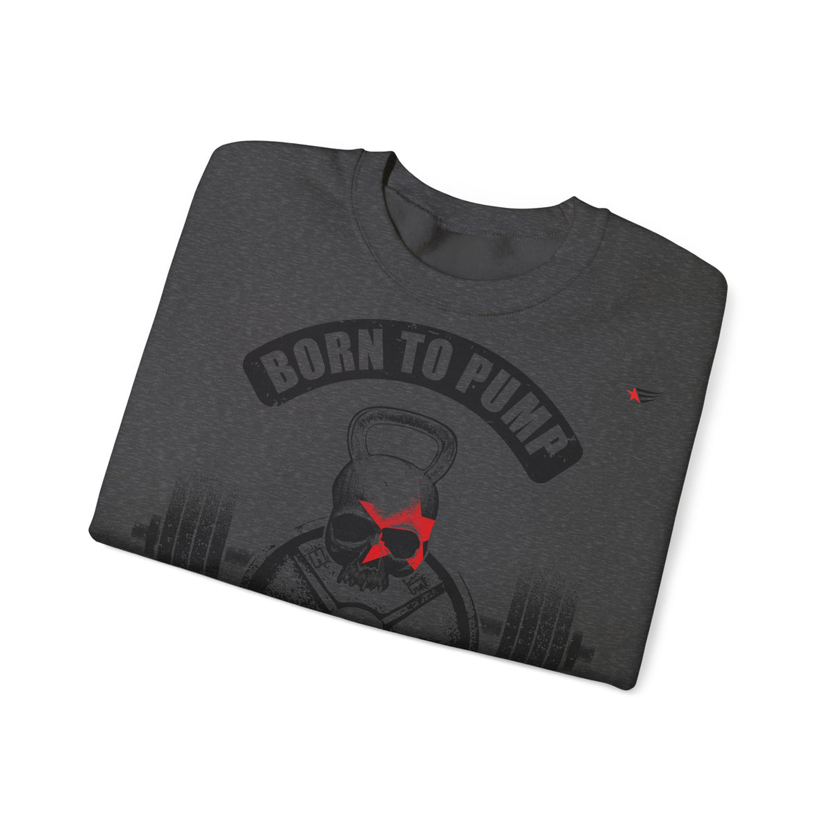 A dark heather gray folded t-shirt featuring a graphic of a skull wearing sunglasses with a red star accent, under a black arch that reads 'BORN TO PUMP'.