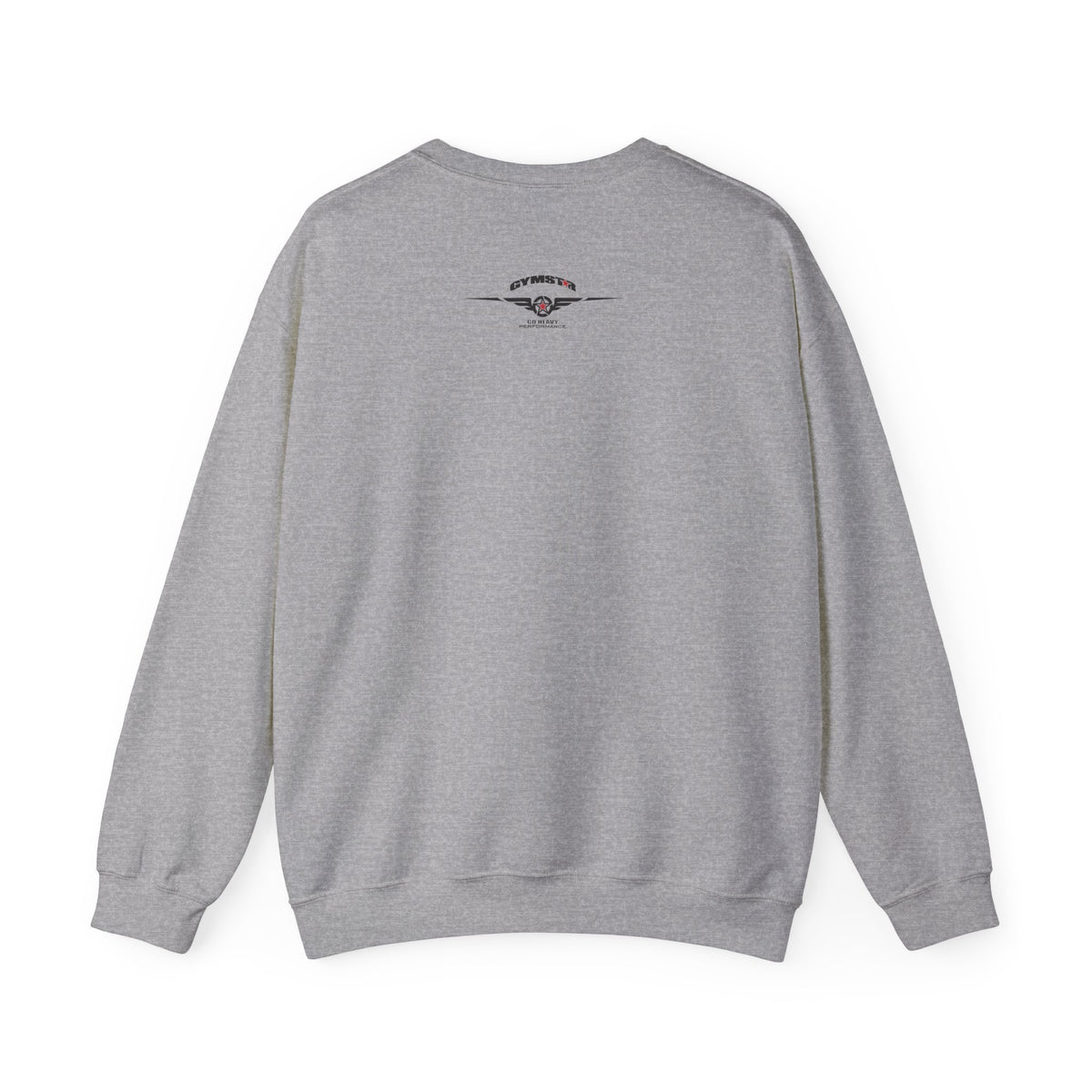 Gray sweatshirt with text on the back against a white background