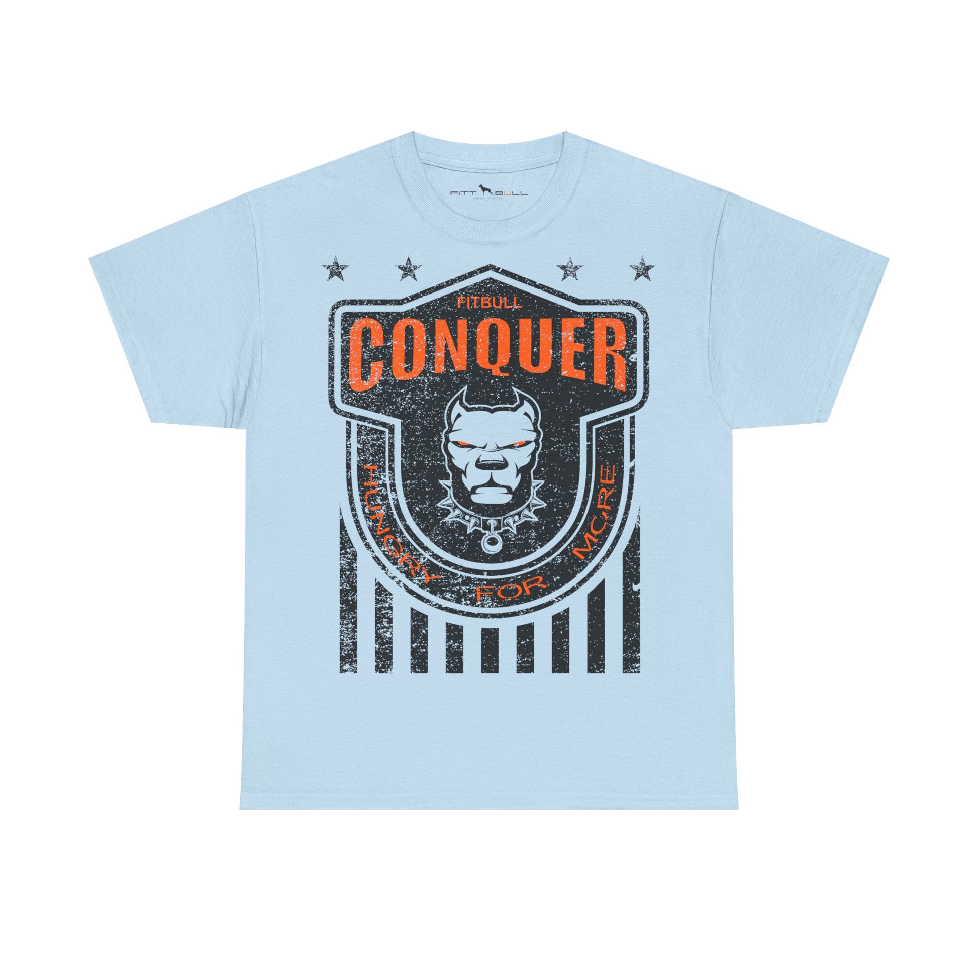 Light blue Fitbull t-shirt with a graphic design featuring a shield and text on a white background