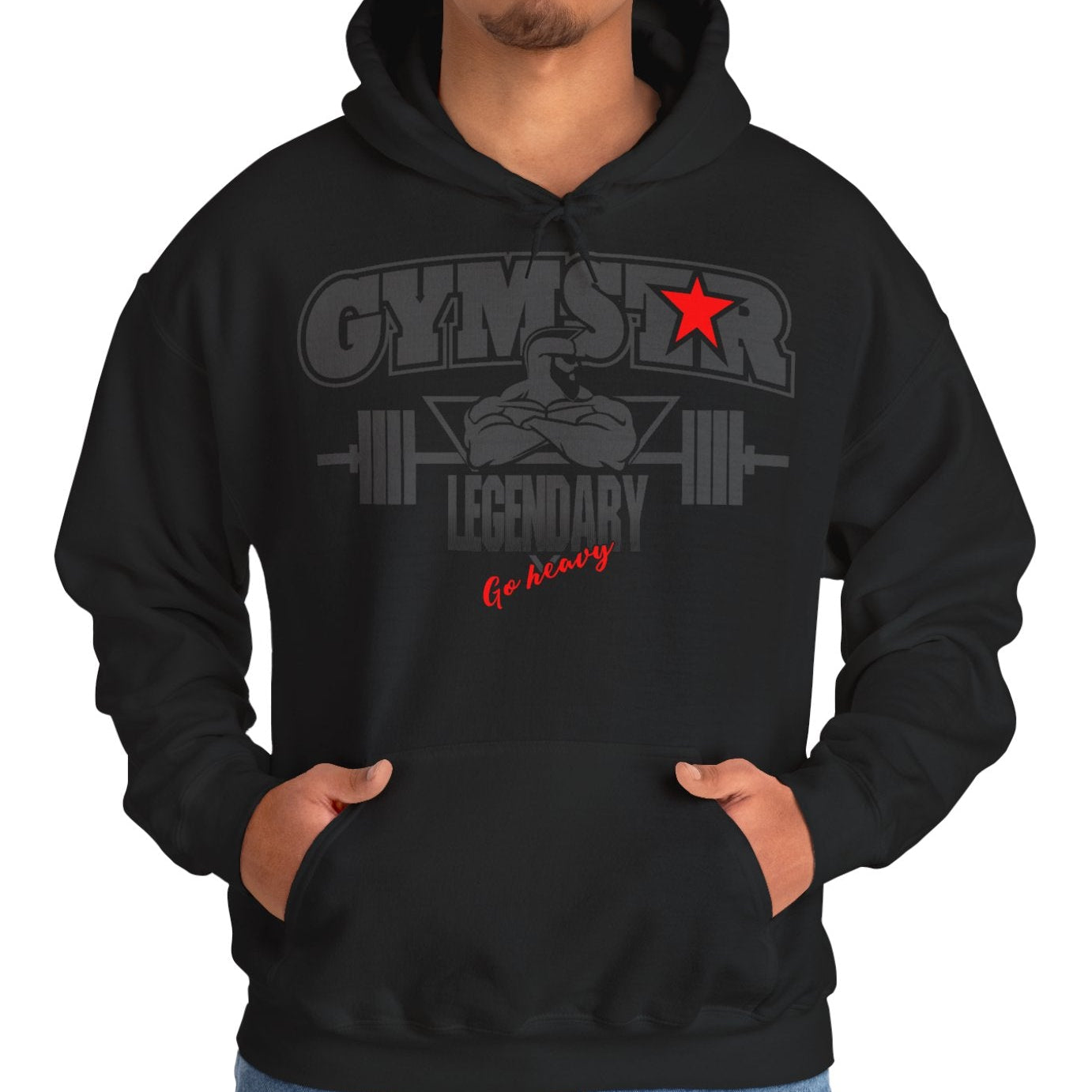 Person wearing a black hoodie with 'Gymstar Legendary' text and graphics on a white background
