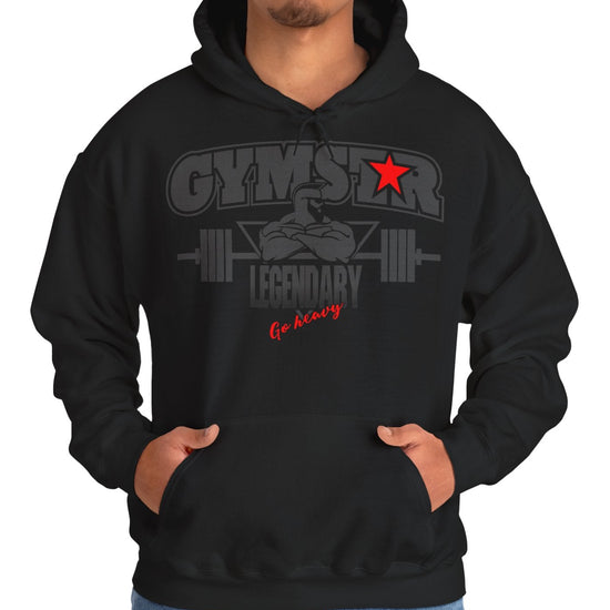 Person wearing a black hoodie with 'Gymstar Legendary' text and graphics on a white background