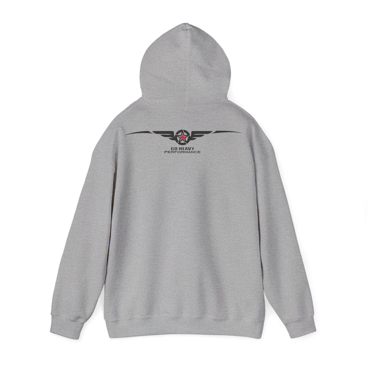 A light gray heather pullover hoodie shown from the back, featuring a black winged logo with a red star and the text 'AIR WORTH PERFORMANCE' printed across the upper back.