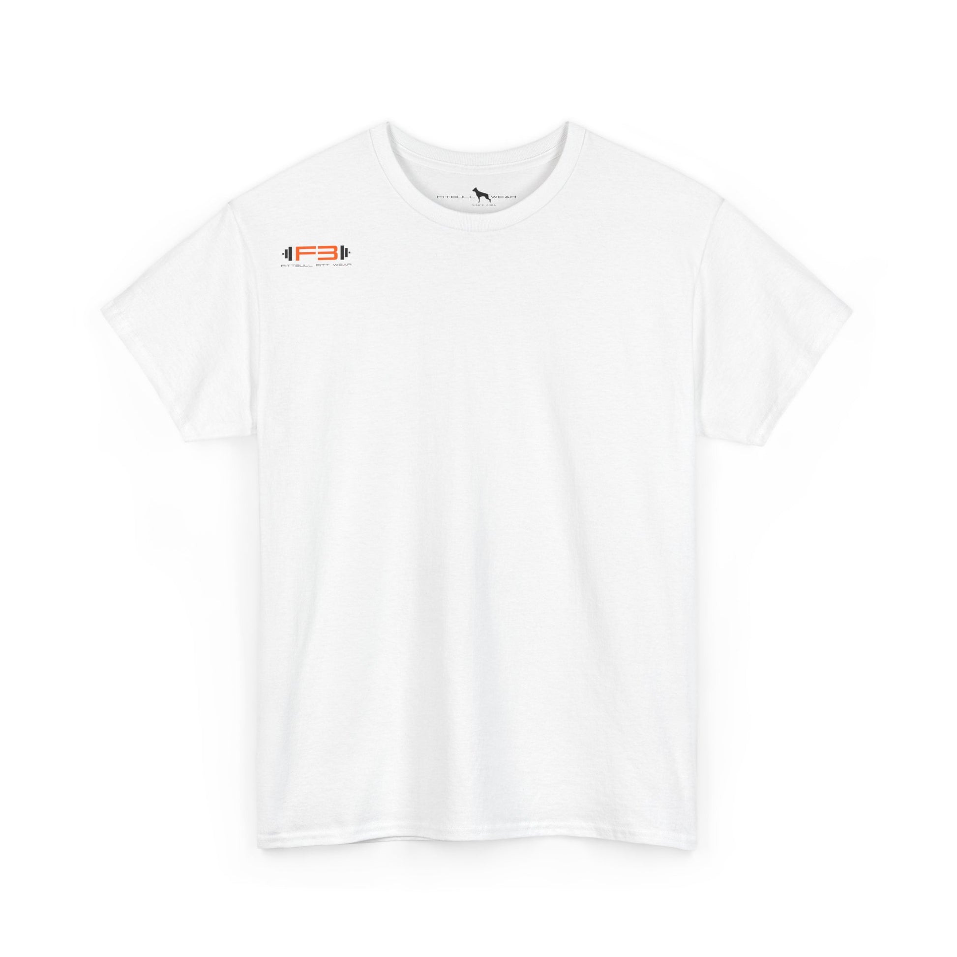 White t-shirt with a logo on the chest against a white background
