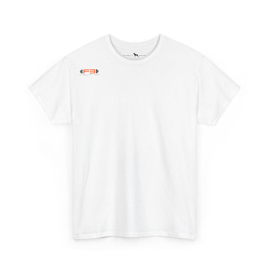 White t-shirt with a logo on the chest against a white background