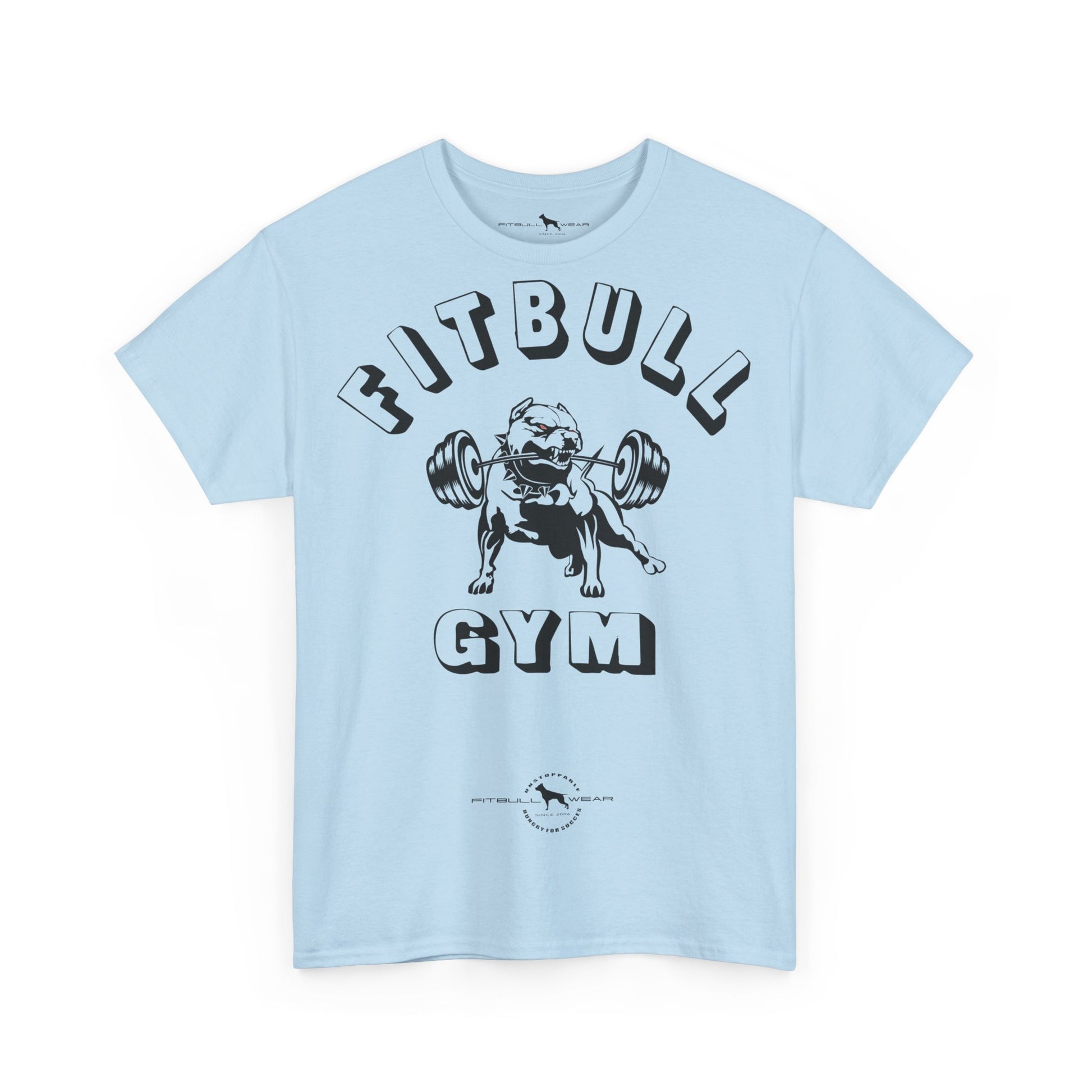 Light fitness blue t-shirt with a bulldog lifting weights graphic and 'Fitbull Gym' text on a white background