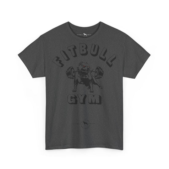 Gray fitness t-shirt with 'Fitbull Gym' graphic design on a white background