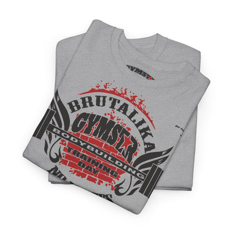 A folded light gray t-shirt with a distressed red and black graphic on the front reading 'BRUTALIKA GYMSTAR BODYBUILDING TRAINING DAY'.