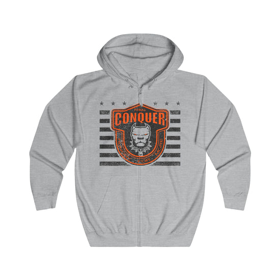 Gray Fitbull hoodie with orange and black graphic design on a white background