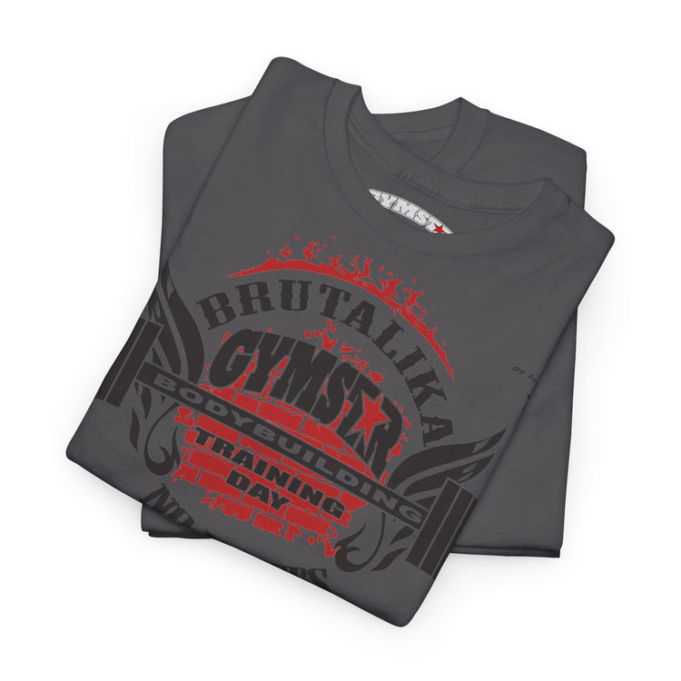 A folded dark gray t-shirt with a red and black graphic print reading 'BRUTAL KICK GYMSTAR BODYBUILDING DAY TRAINING DAY' on a white background.