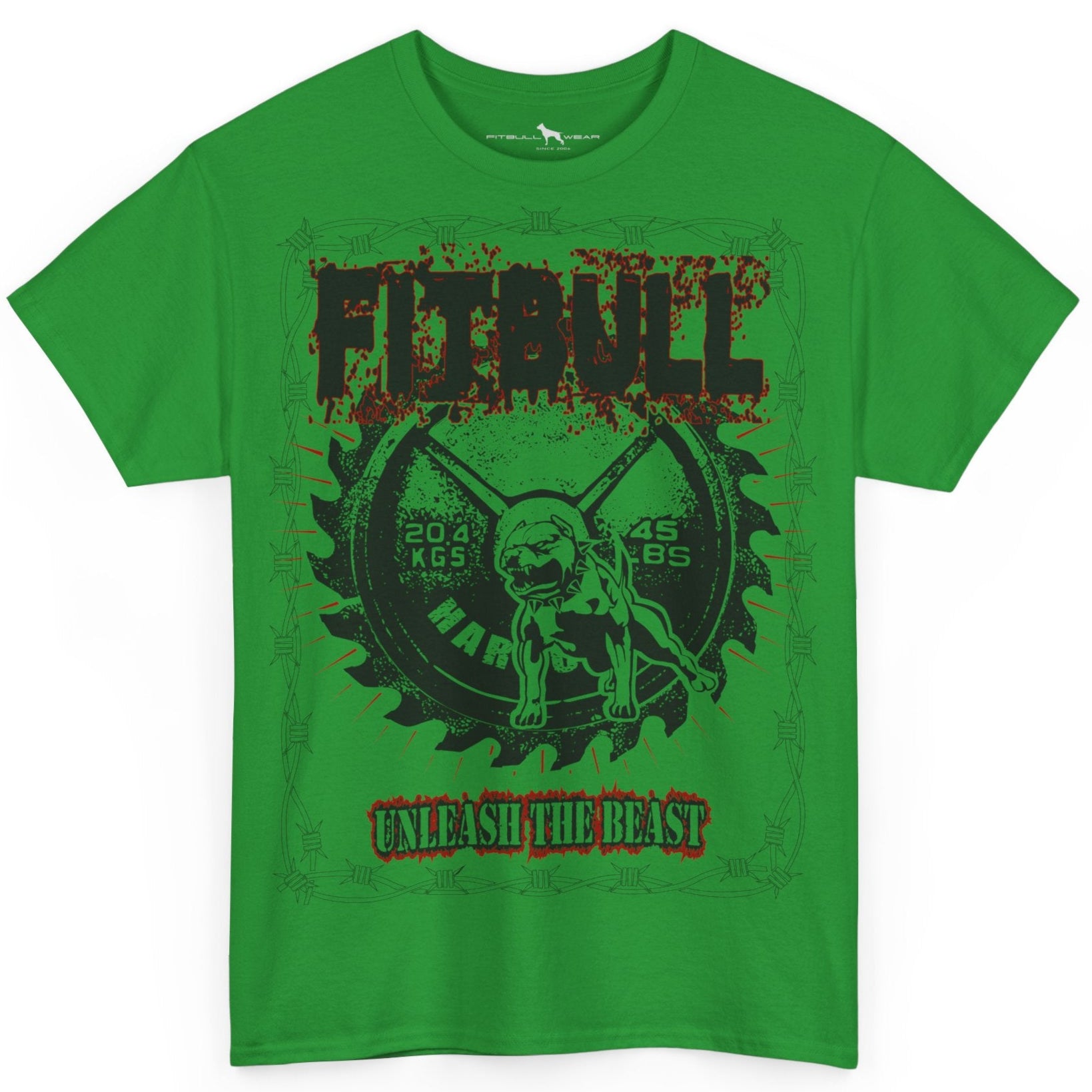 Green t-shirt with graphic design and text on a white background