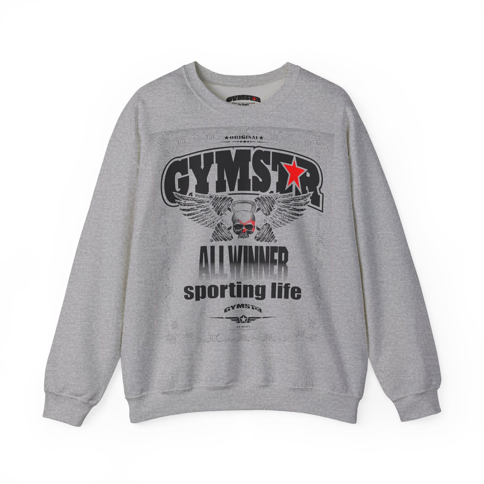 Gray sweatshirt with 'GYMSTAR' branding and graphics on a white background