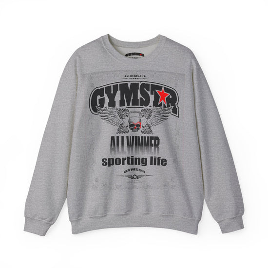 Gray sweatshirt with 'GYMSTAR' branding and graphics on a white background