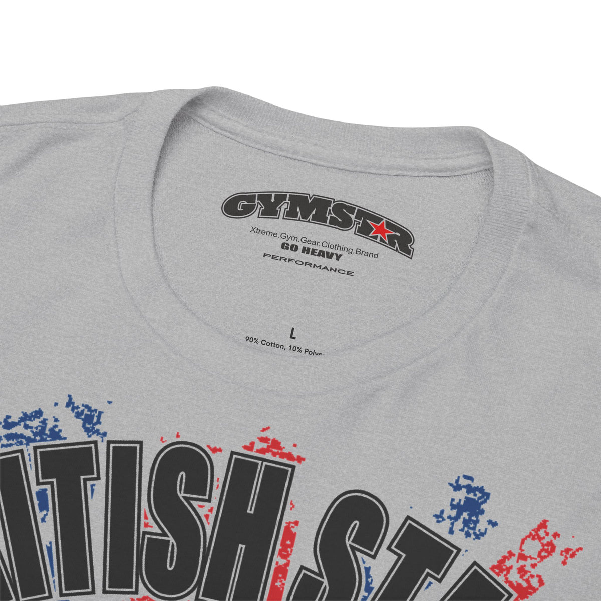 Close-up of a light gray t-shirt showing the inner neck label with 'GYMSTAR' and 'CO HENRY' branding, along with the top of a graphic print in black, red, and blue.