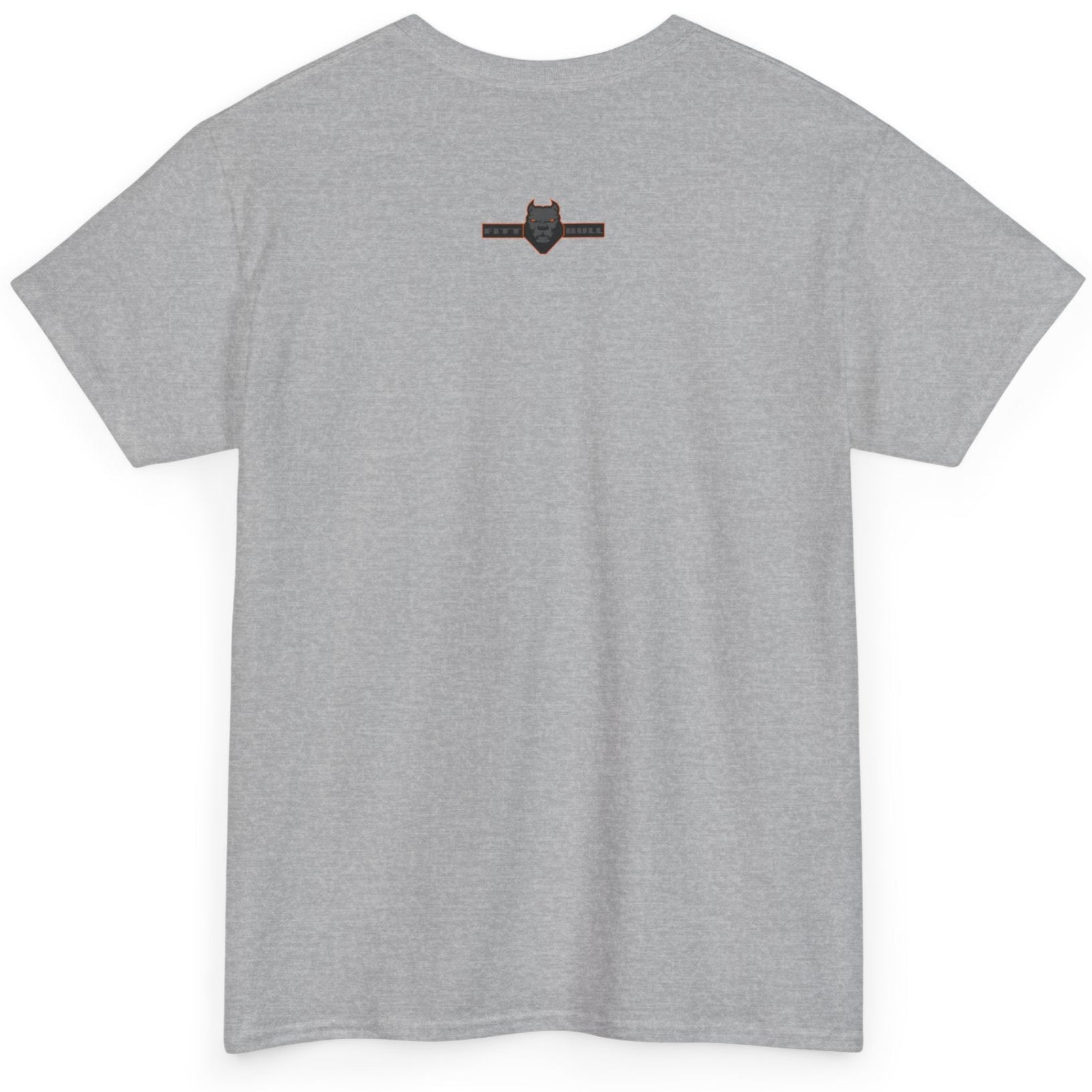 Gray t-shirt with a small logo on the back against a white background