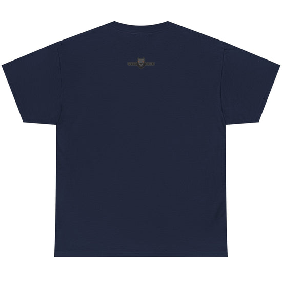 Navy blue t-shirt with a small logo on the chest against a white background