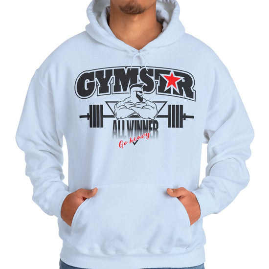 Person wearing a light blue hoodie with 'GYMSTAR ALL WINNER' text and graphics on a white background