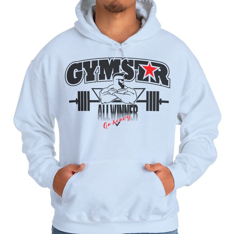 Person wearing a light blue hoodie with 'GYMSTAR ALL WINNER' text and graphics on a white background