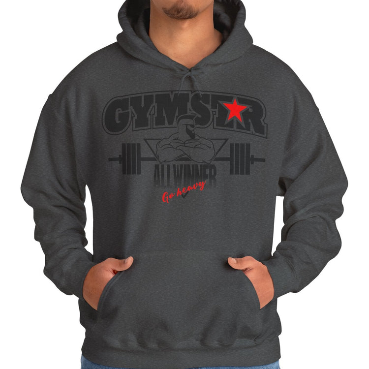 Person wearing a dark gray hoodie with 'GYMSTAR ALL WINNERS' text and logo on a white background