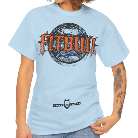 Woman wearing a light blue t-shirt with 'Fitbull' logo on a white background