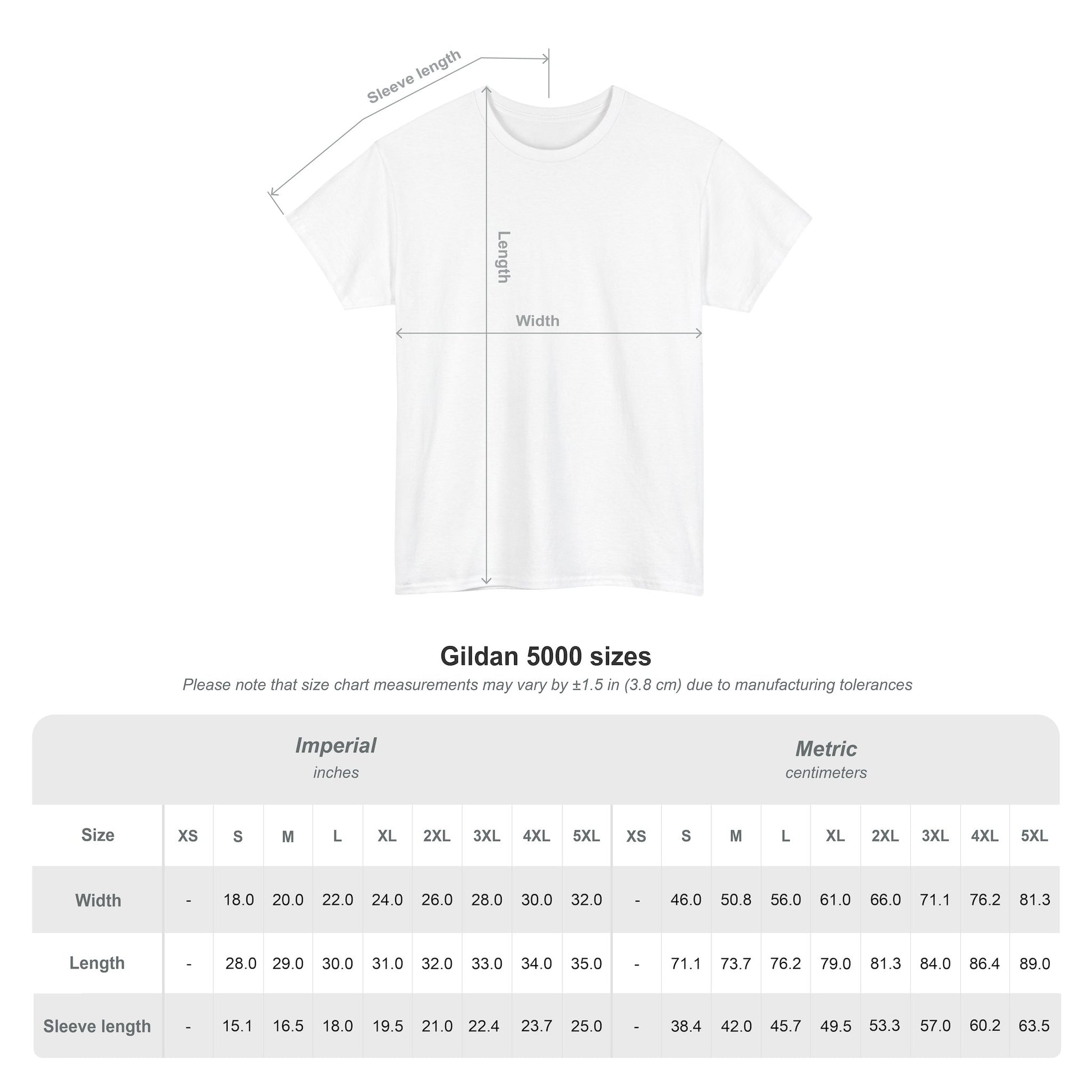 White FITBULL fitness t-shirt with measurement chart for Gildan 5000 sizes on a white background
