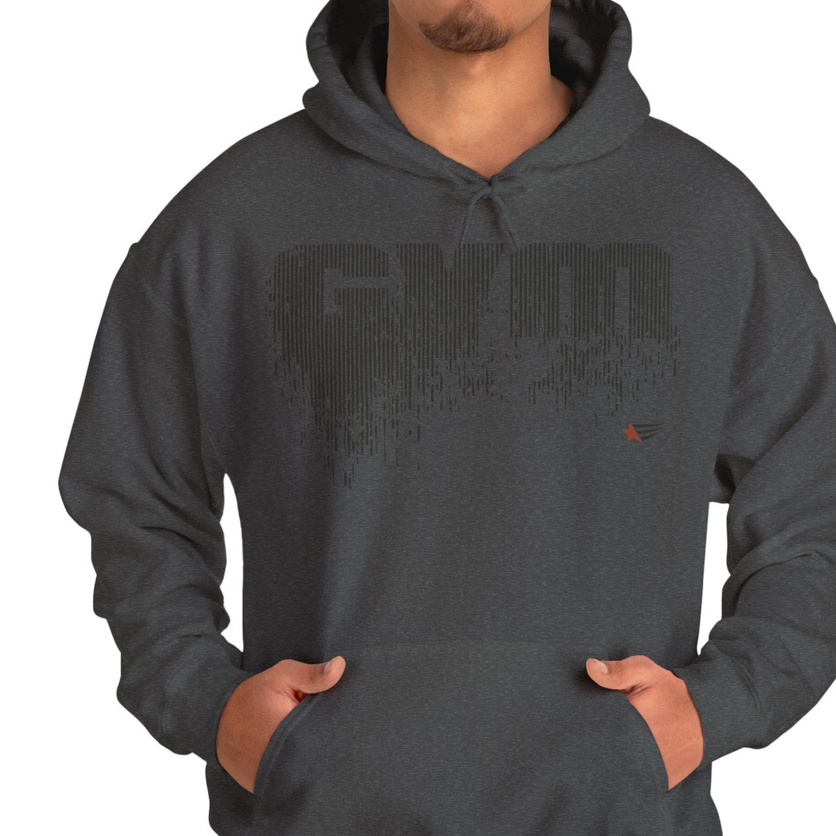 Man wearing a gray hoodie with 'Autumn Mood' text and graphic on a white background
