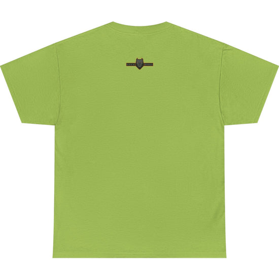 Green t-shirt with a small black logo on the back against a white background