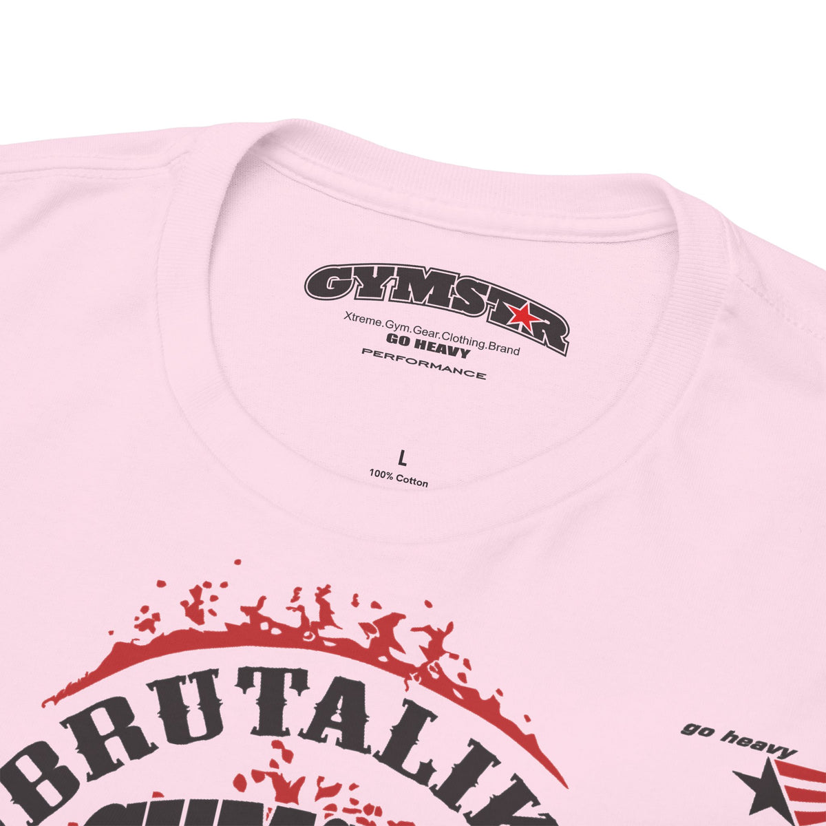 Close-up of a light pink t-shirt showing the inner neck label with 'GYMSTAR' and 'Go Heavy' branding, along with part of a red and black graphic print on the front.