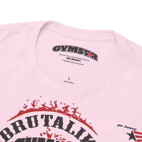 Close-up of a light pink t-shirt showing the inner neck label with 'GYMSTAR' and 'Go Heavy' branding, along with part of a red and black graphic print on the front.