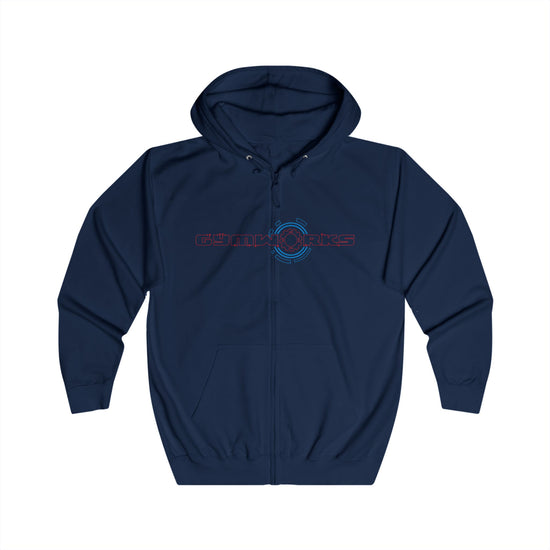 Navy blue Gymworks hoodie with a logo on a white background