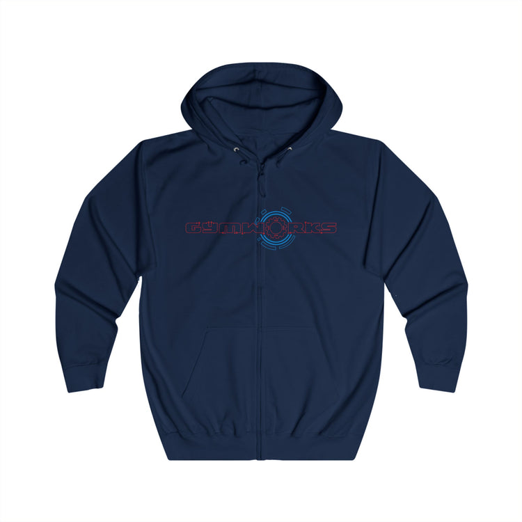 Navy blue Gymworks hoodie with a logo on a white background