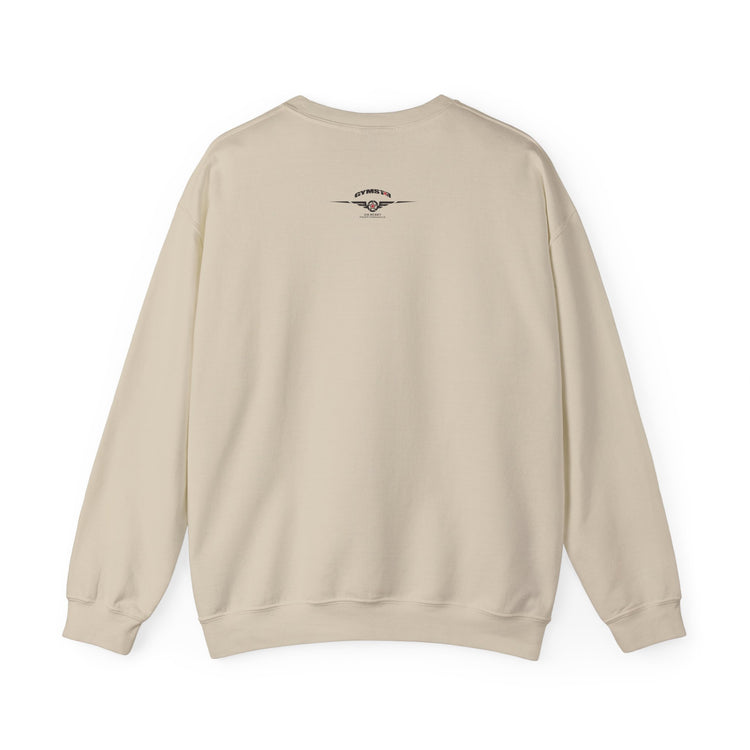 Beige sweatshirt with a logo on the back against a white background