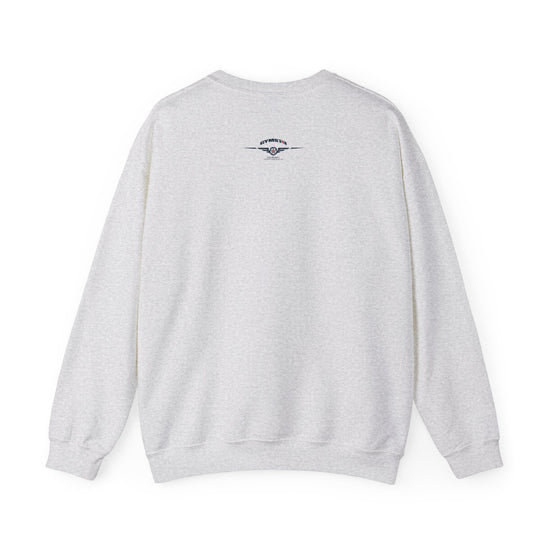 Gray sweatshirt with a logo on the back against a white background