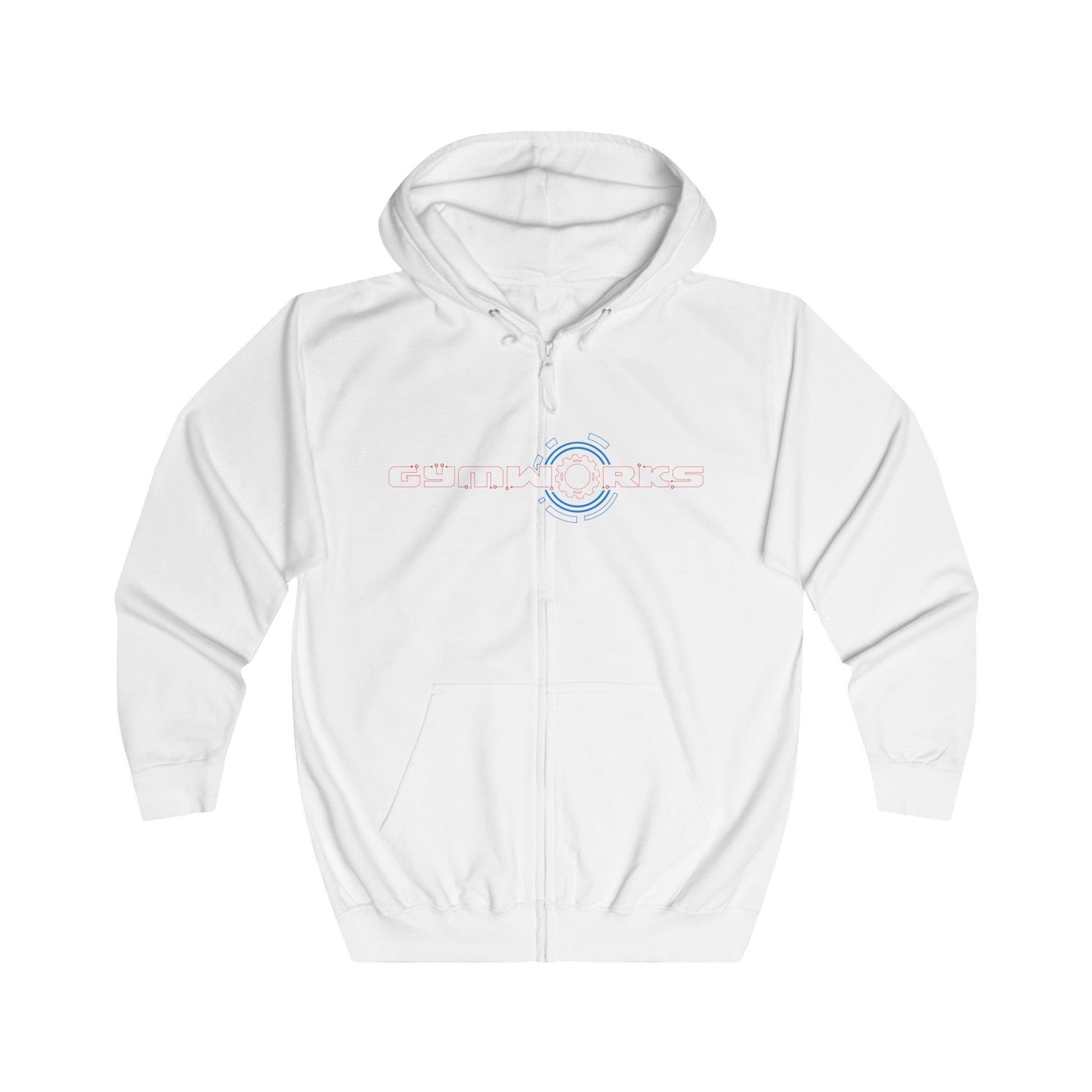 White Gymworks 
hoodie with a logo on a white background