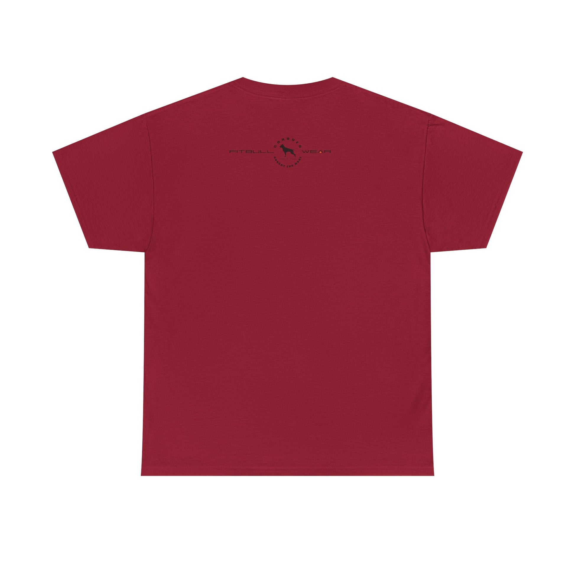Red fitness FITBULL t-shirt with a small logo on the back against a white background