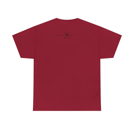 Red fitness FITBULL t-shirt with a small logo on the back against a white background