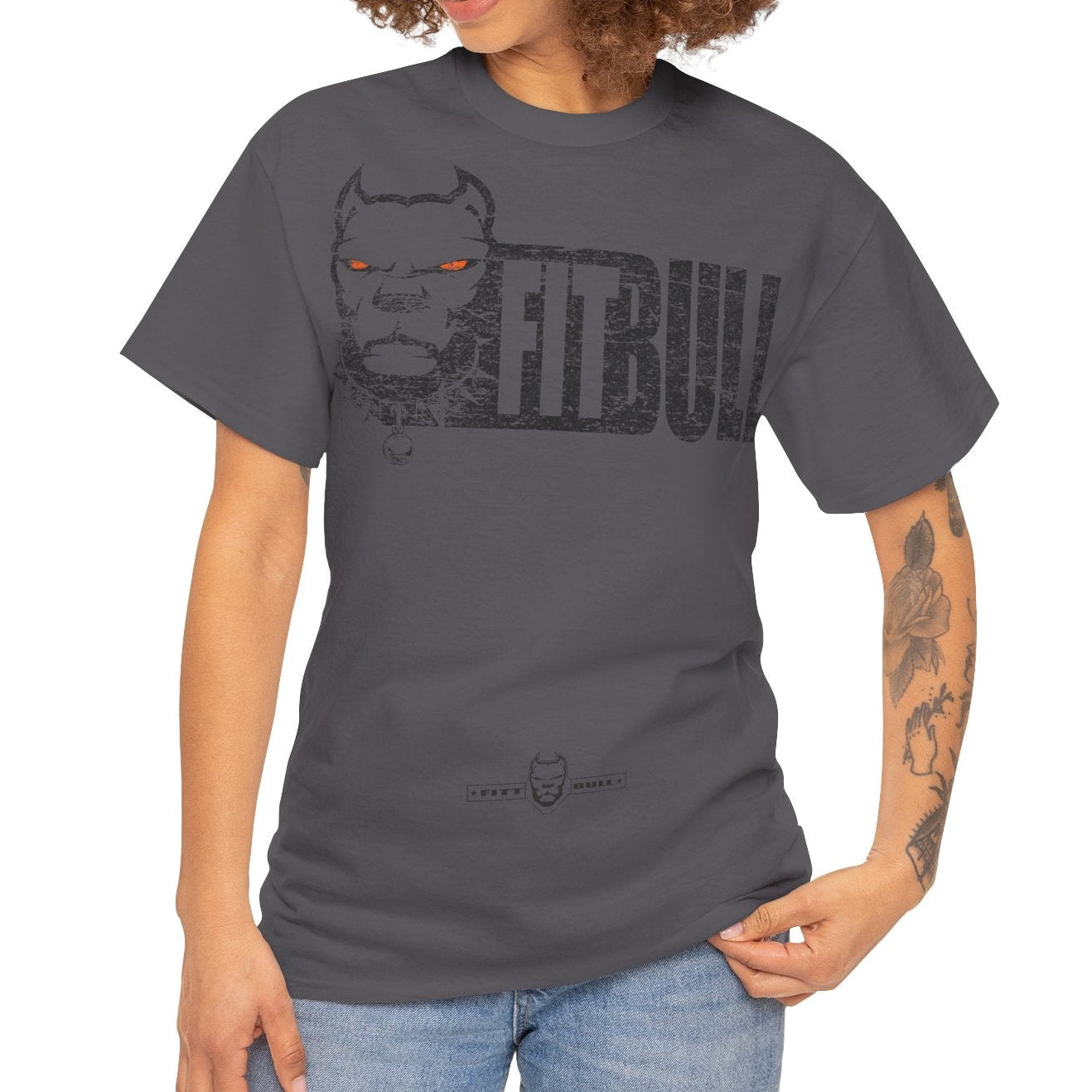 Woman wearing a charcoal gray t-shirt with 'Fitbull' printed on it against a white background