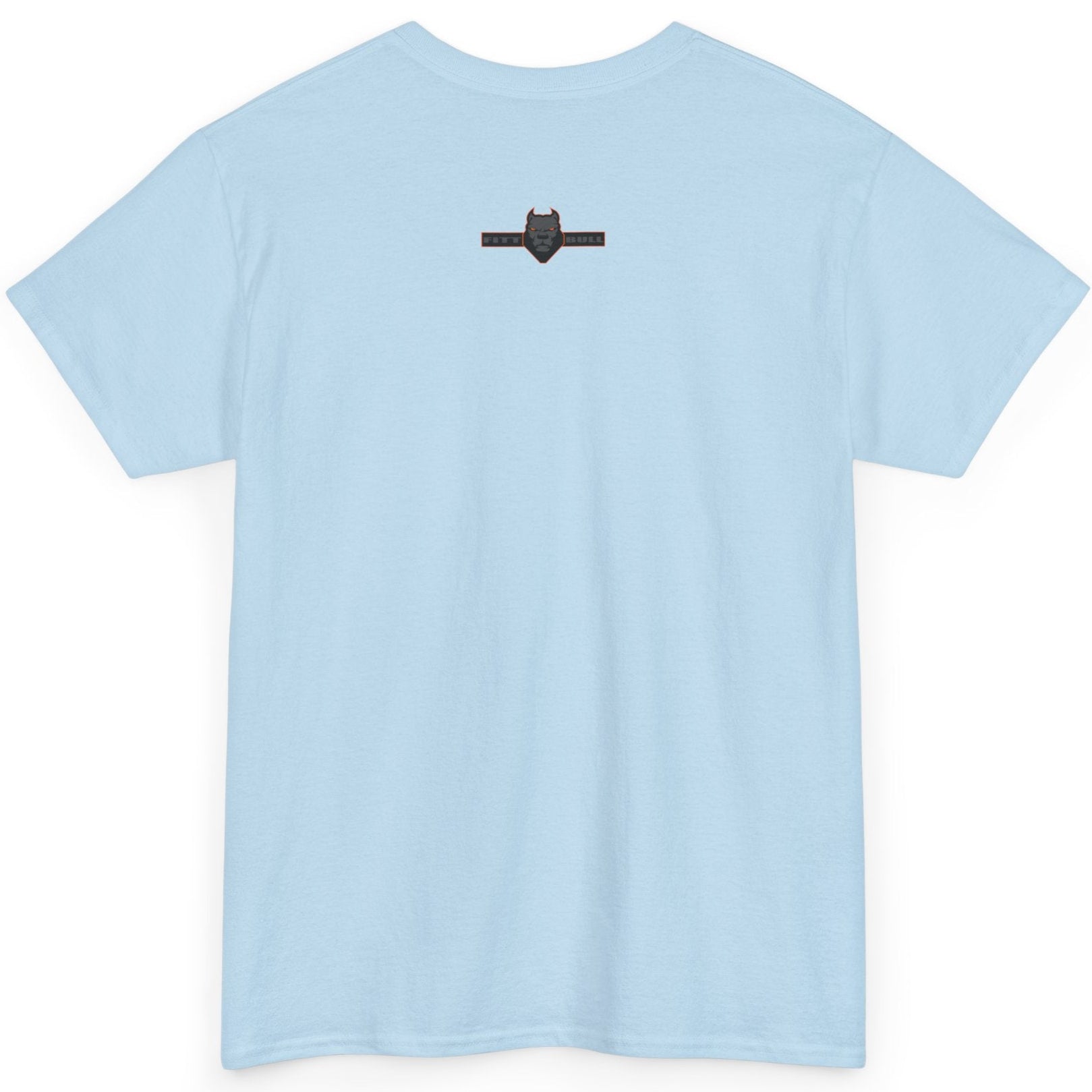 Light blue t-shirt with a small black logo on the back against a white background