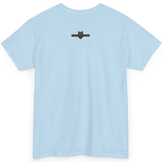 Light blue t-shirt with a small black logo on the back against a white background