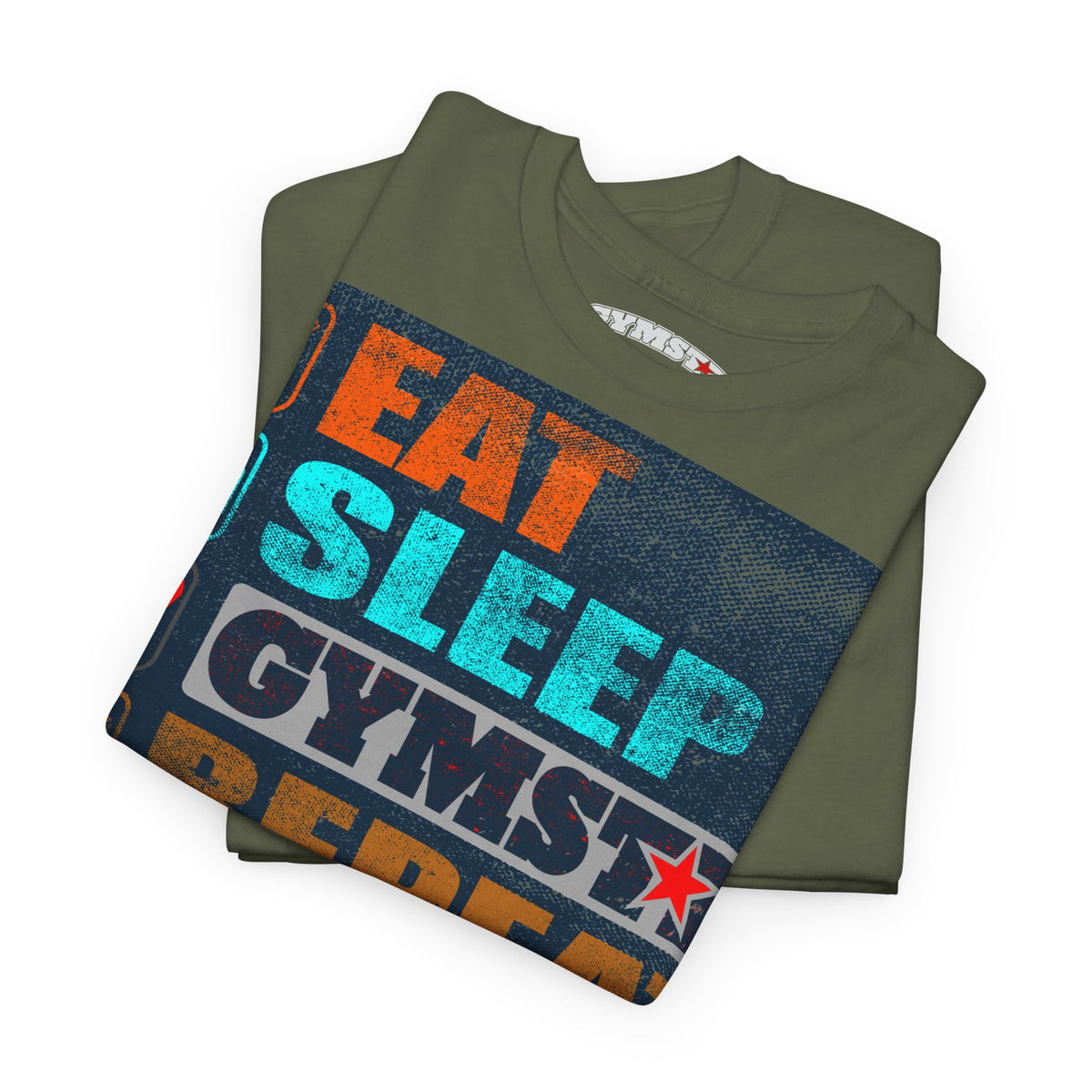 A folded olive green t-shirt with a colorful graphic print reading 'EAT SLEEP GYMSTREAKER' in orange, blue, white, and black, displayed on a clean white background.