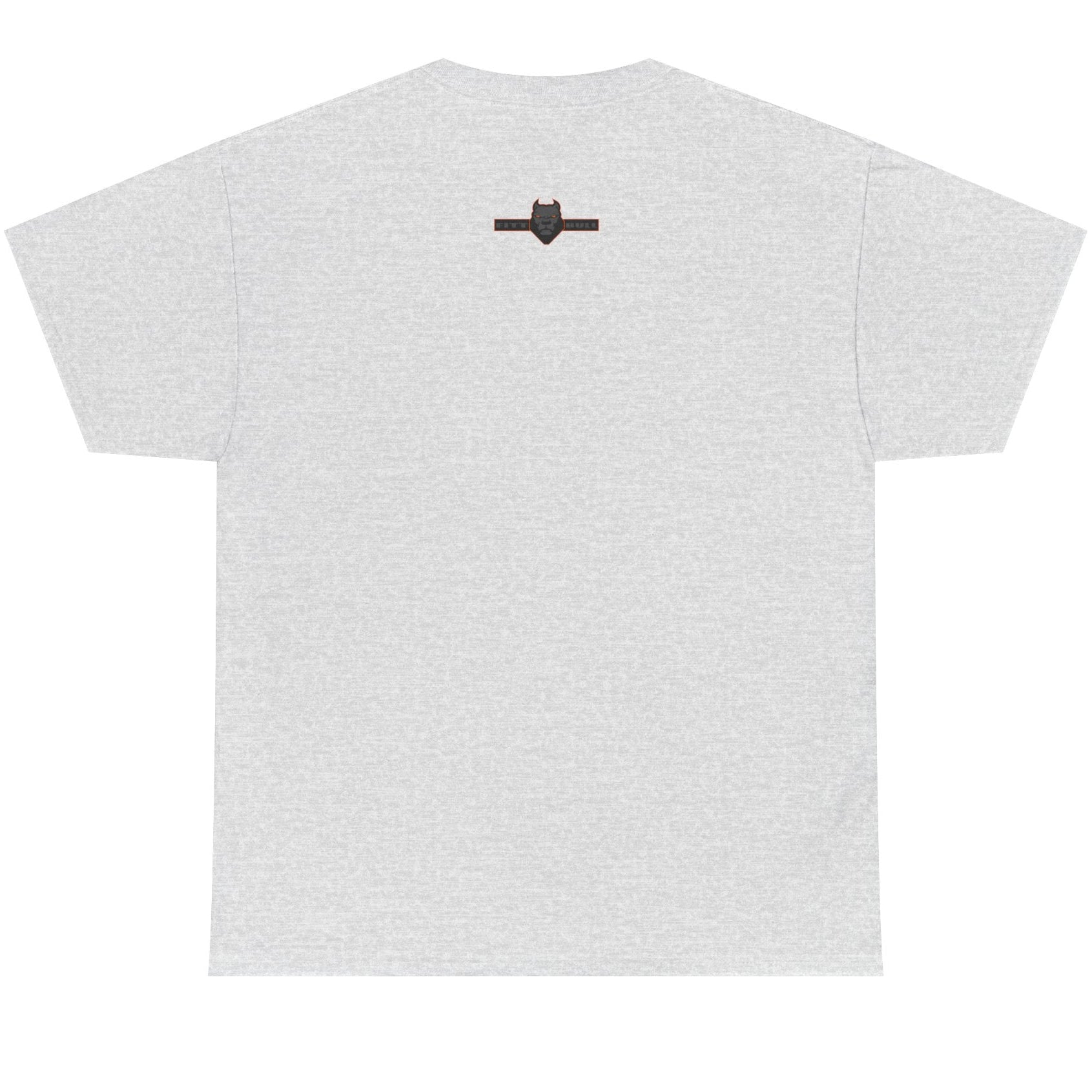 White t-shirt with a small black logo on the chest against a white background