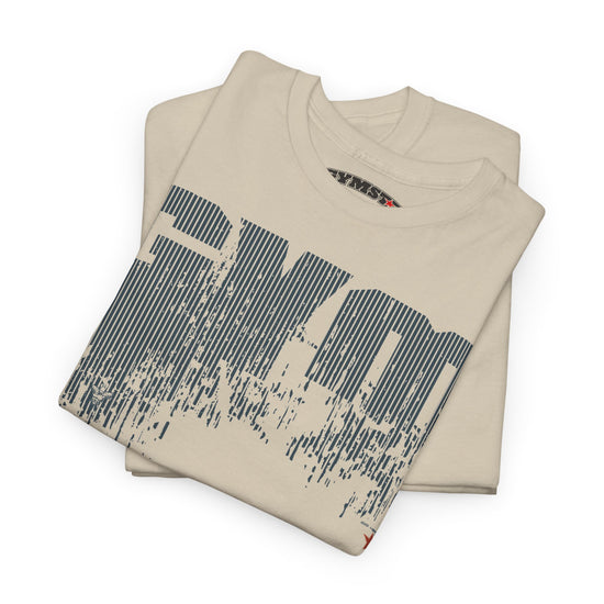 A folded beige t-shirt with a large distressed dark gray graphic reading 'EVOL' across the front, displayed on a clean white background.