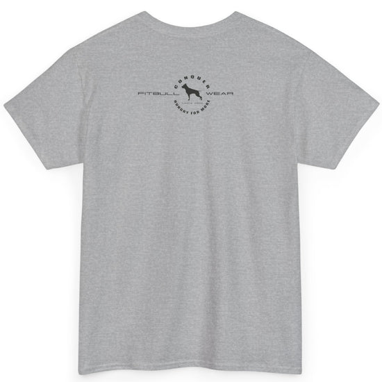 Gray t-shirt with a logo on the back against a white background