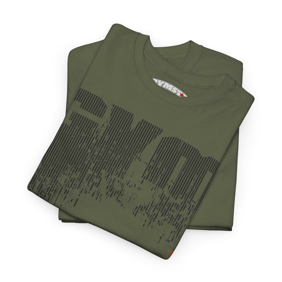 A folded olive green t-shirt with a dark gray distressed graphic print on the front, displayed on a clean white background.