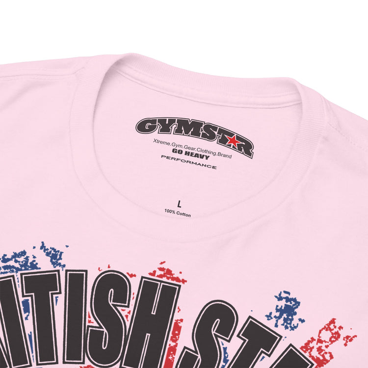 Close-up of a light pink t-shirt collar showing the inner neck print with the brand 'GYMSTAR' and a graphic design in red, white, and black.