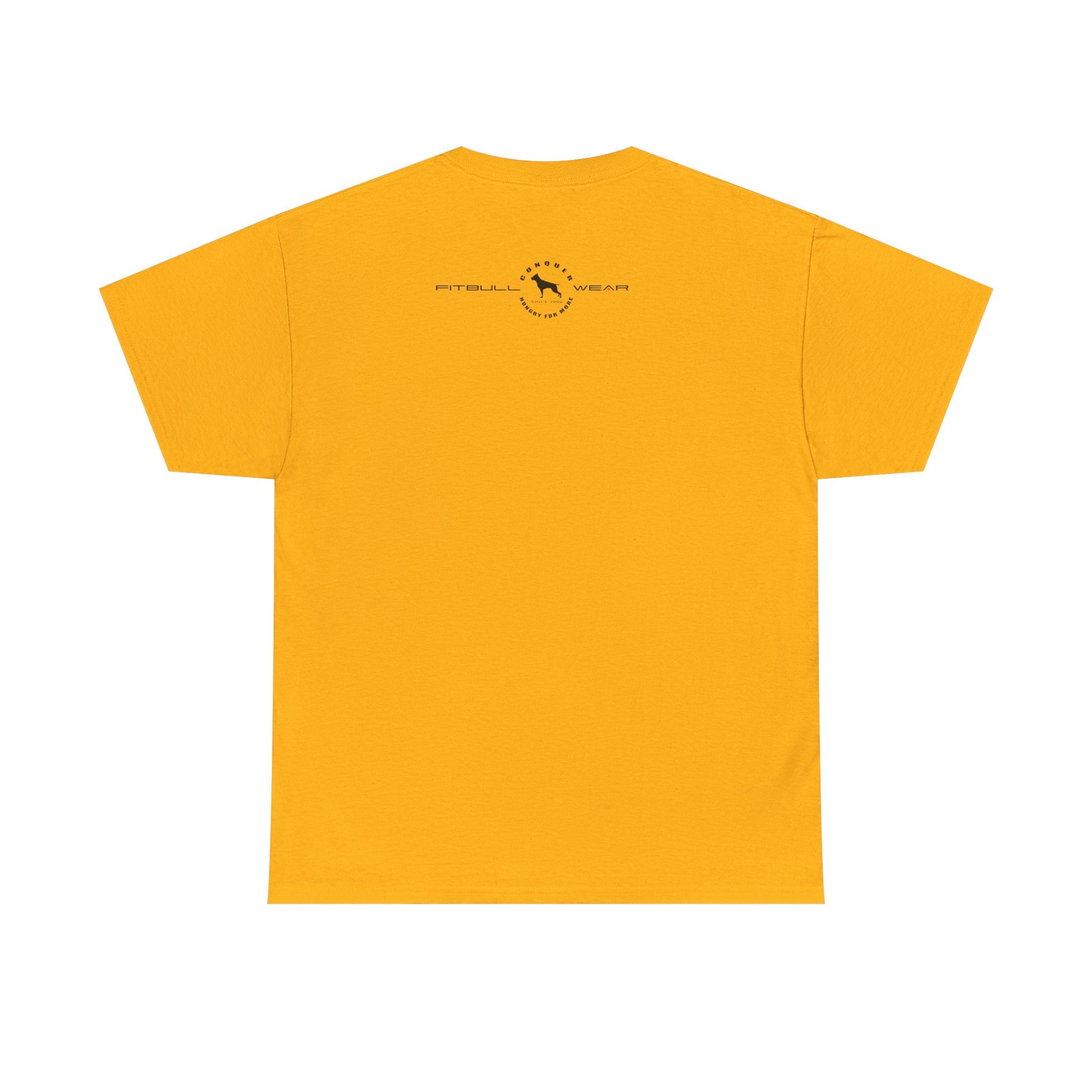 Yellow FITBULL fitness t-shirt with a small logo on the back against a white background
